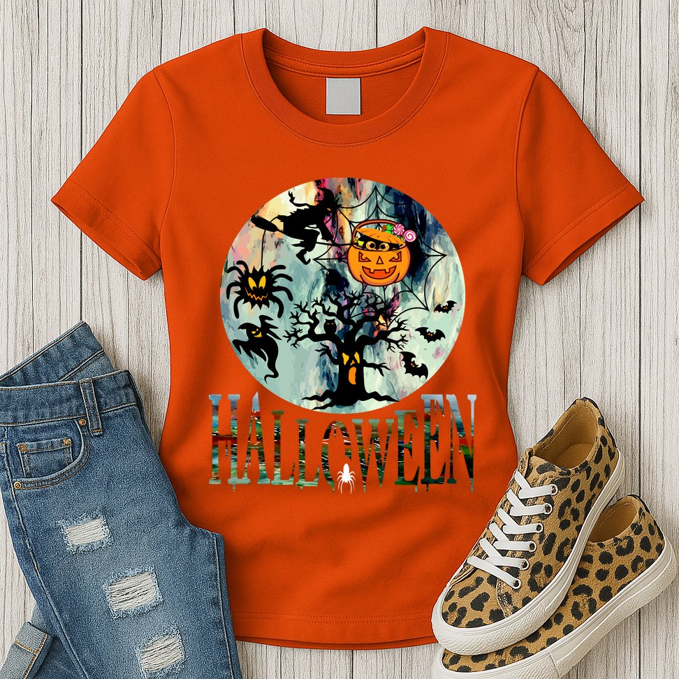 Creepy Halloween Moon Spider Pumpkin Witch Ghost Womens T-Shirt