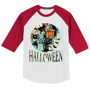 Creepy Halloween Moon Spider Pumpkin Witch Ghost Kids Colorblock Raglan Jersey