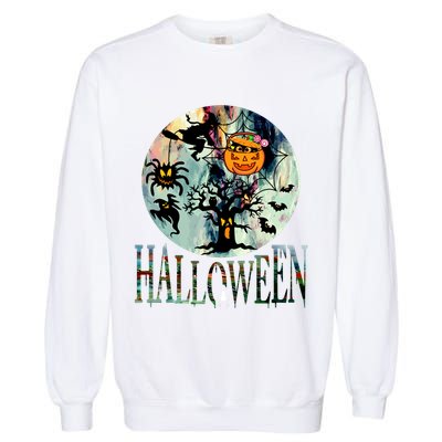 Creepy Halloween Moon Spider Pumpkin Witch Ghost Garment-Dyed Sweatshirt