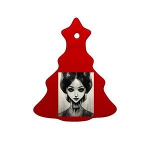 Creepy Horror Manga Anime Woman Eyes Halloween Art Ceramic Tree Ornament