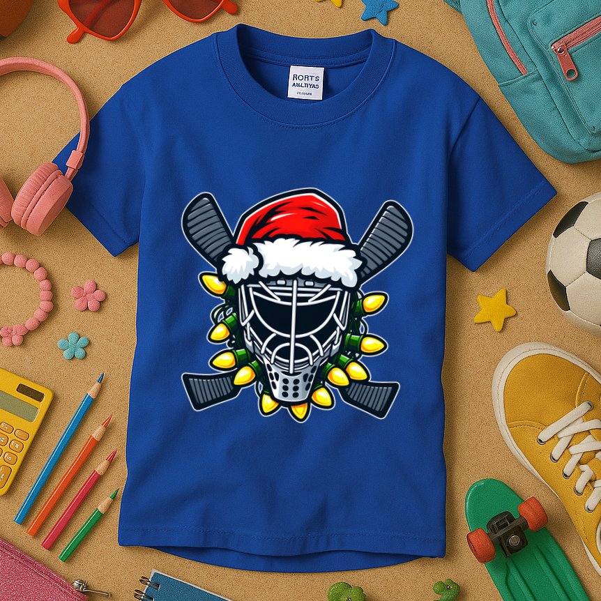 Christmas Hockey Mask Santa Hat Xmas Lights Matching Family Gift Kids T-Shirt
