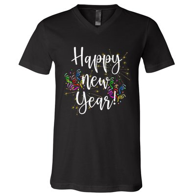 Cute Happy New Year Day Eve Party Fireworks Confetti Costume V-Neck T-Shirt