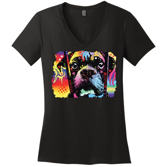 Choose Adoption Boxer Dog Dean Russo Women's V-Neck T-Shirt