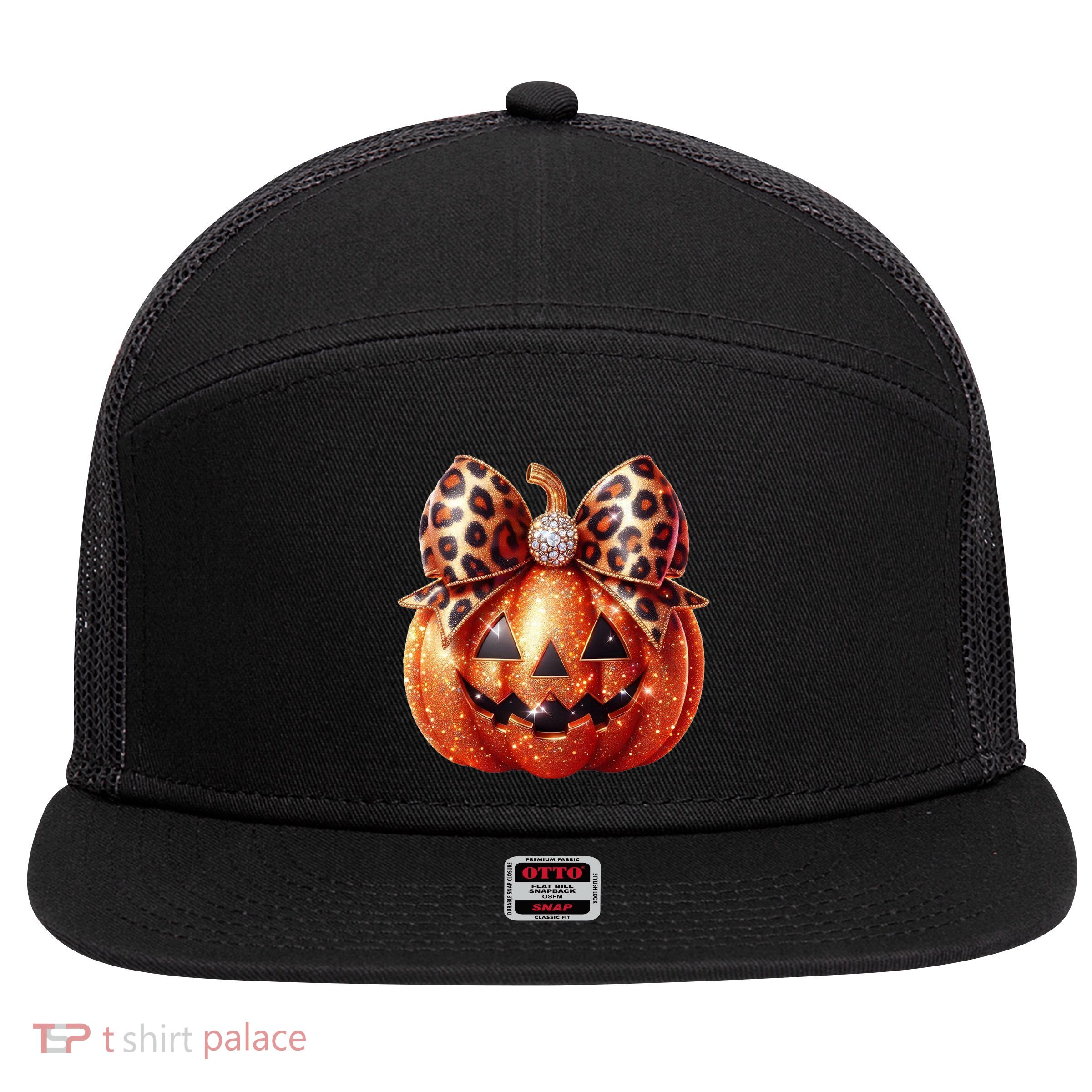 Cute Halloween Pumpkin Leopard Bow 7 Panel Mesh Trucker Snapback Hat