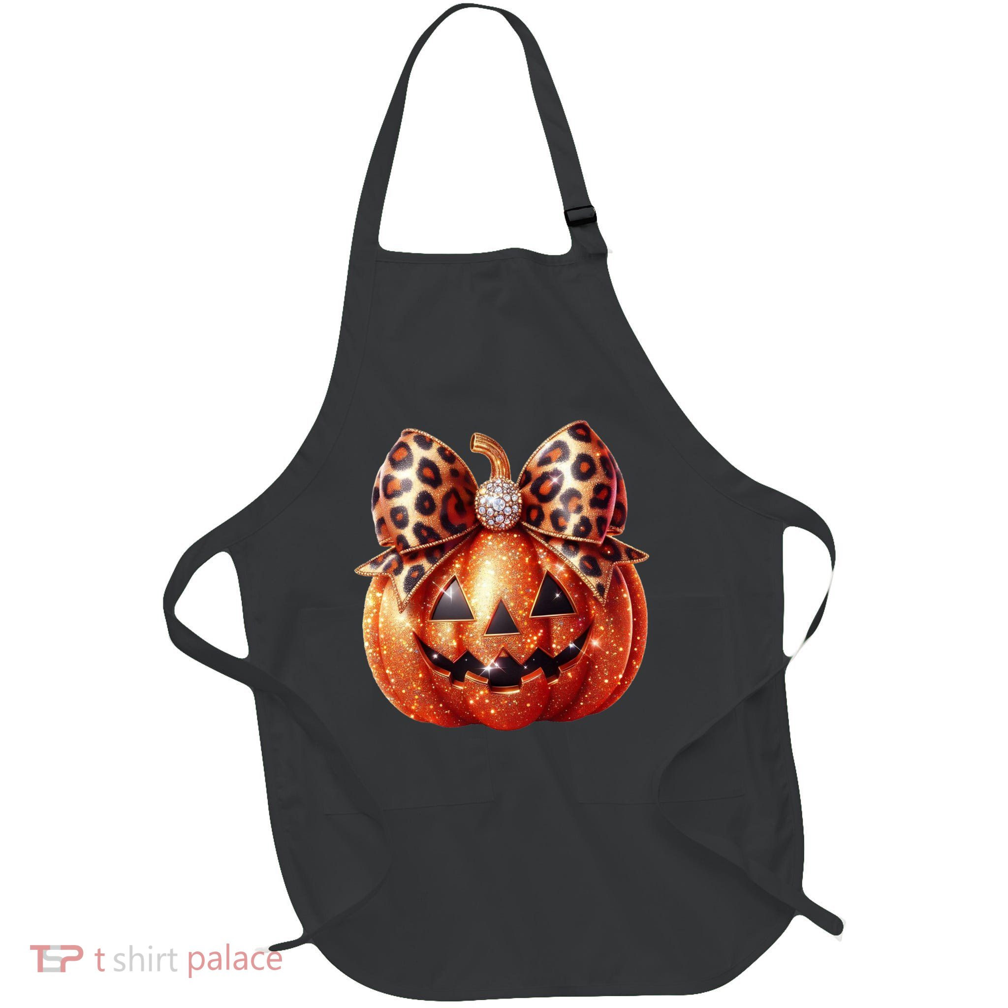 Cute Halloween Pumpkin Leopard Bow Full-Length Apron With Pockets