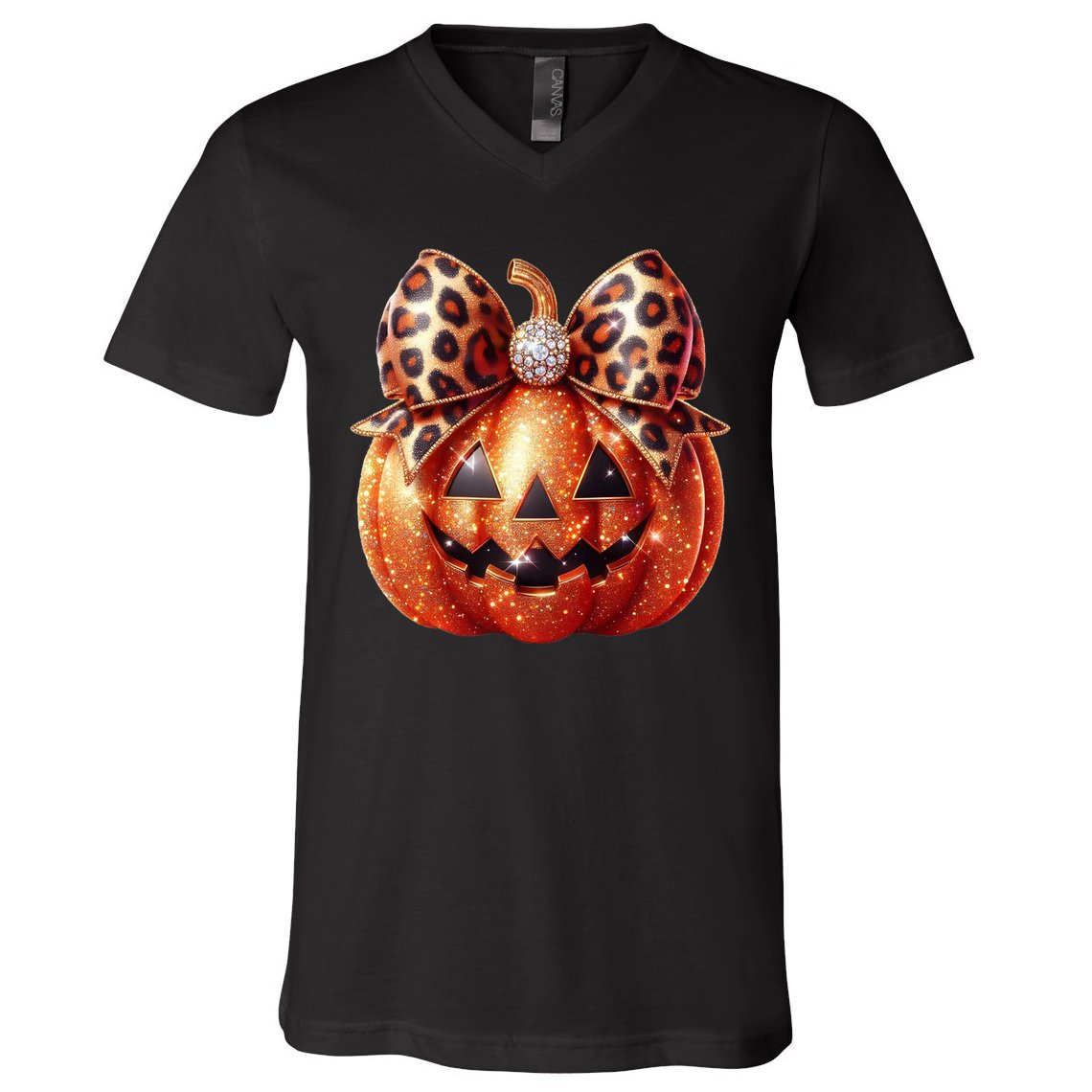 Cute Halloween Pumpkin Leopard Bow V-Neck T-Shirt