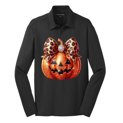 Cute Halloween Pumpkin Leopard Bow Silk Touch Performance Long Sleeve Polo