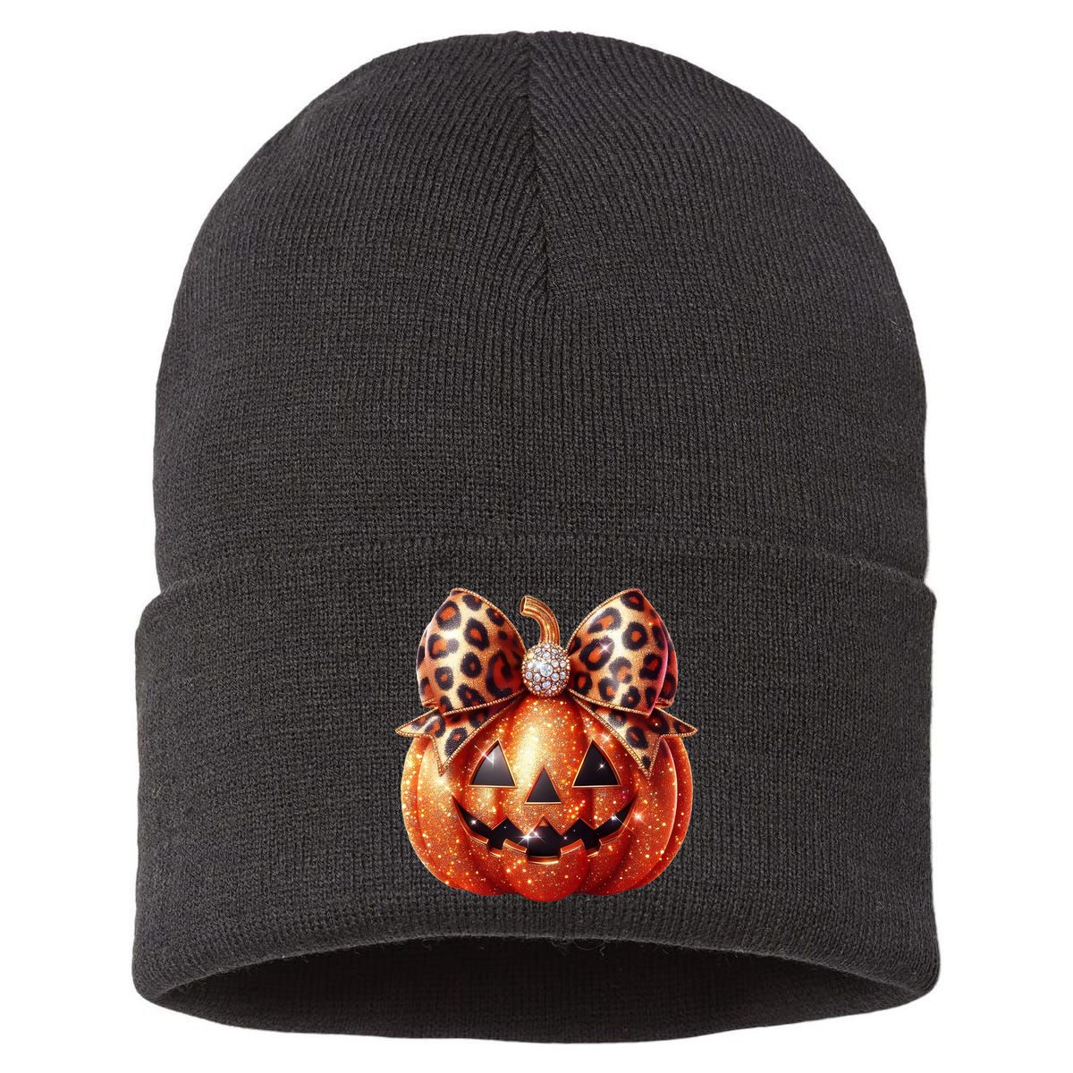 Cute Halloween Pumpkin Leopard Bow Sustainable Knit Beanie