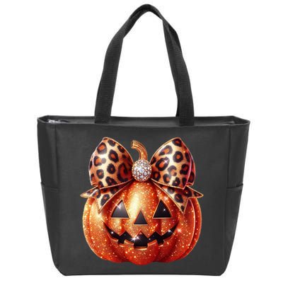 Cute Halloween Pumpkin Leopard Bow Zip Tote Bag