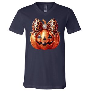 Cute Halloween Pumpkin Leopard Bow V-Neck T-Shirt