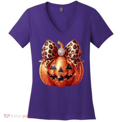 Cute Halloween Pumpkin Leopard Bow Women's V-Neck T-Shirt