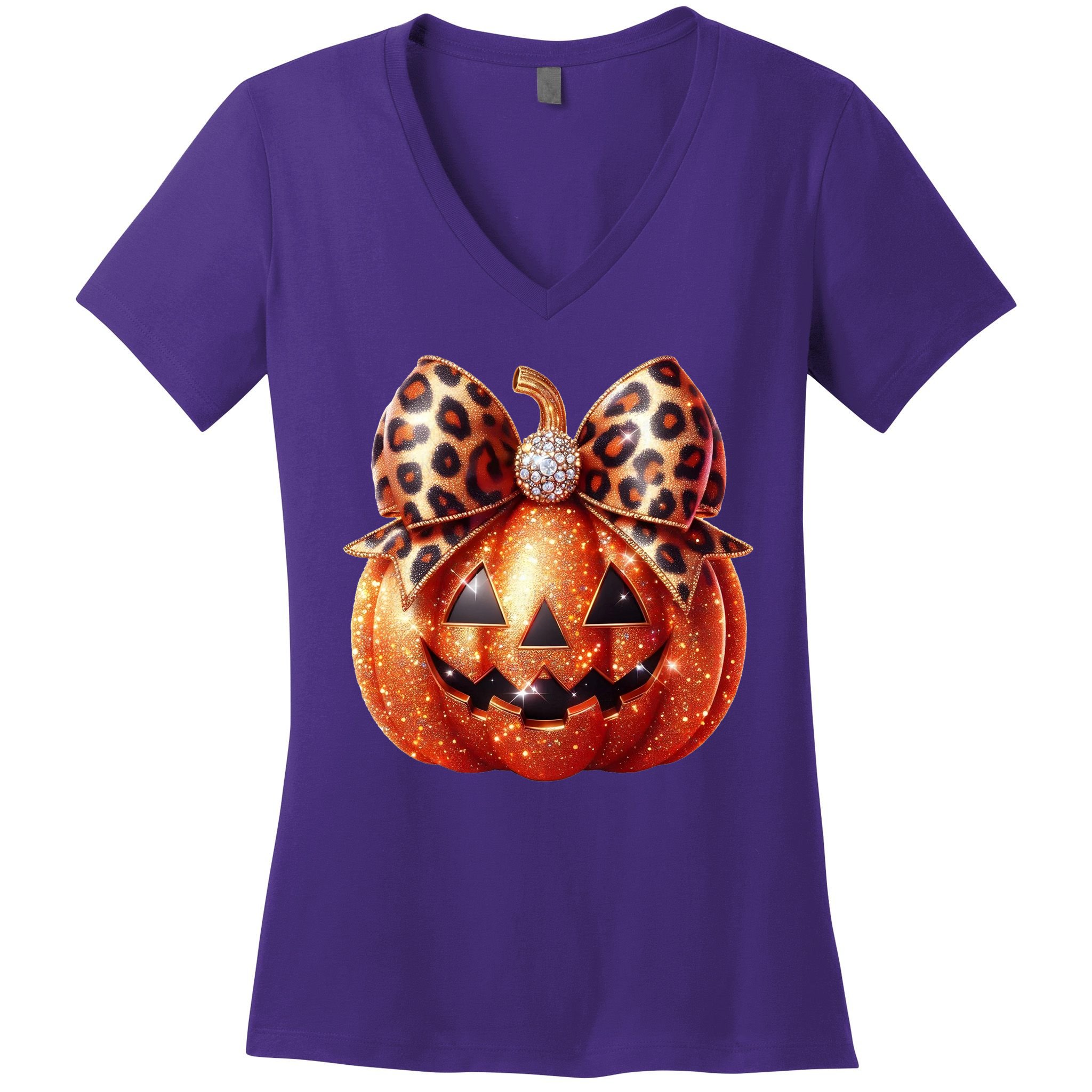 Cute Halloween Pumpkin Leopard Bow Women's V-Neck T-Shirt