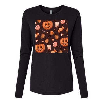 Creepy Halloween Pumpkin Candy Womens Cotton Relaxed Long Sleeve T-Shirt