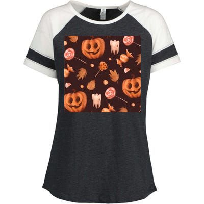 Creepy Halloween Pumpkin Candy Enza Ladies Jersey Colorblock Tee