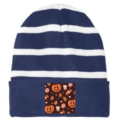 Creepy Halloween Pumpkin Candy Striped Beanie with Solid Band