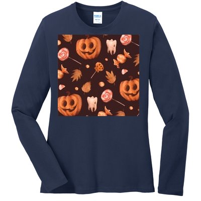 Creepy Halloween Pumpkin Candy Ladies Long Sleeve Shirt