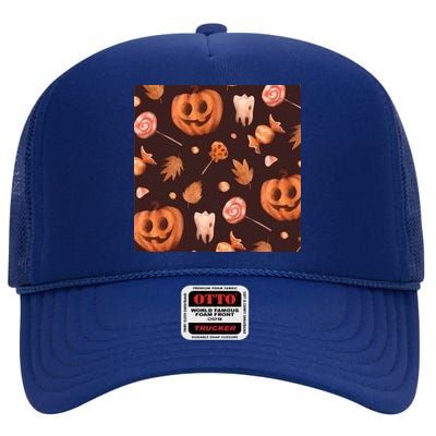 Creepy Halloween Pumpkin Candy High Crown Mesh Back Trucker Hat