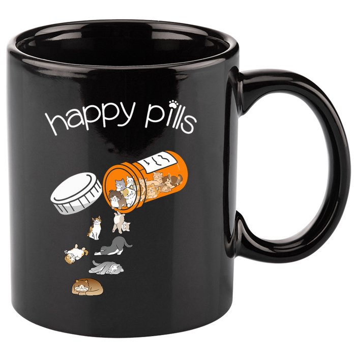 Cat Happy Pills Cute Cat, Funny Cat Encouragement 11oz C Handle Ceramic Mug