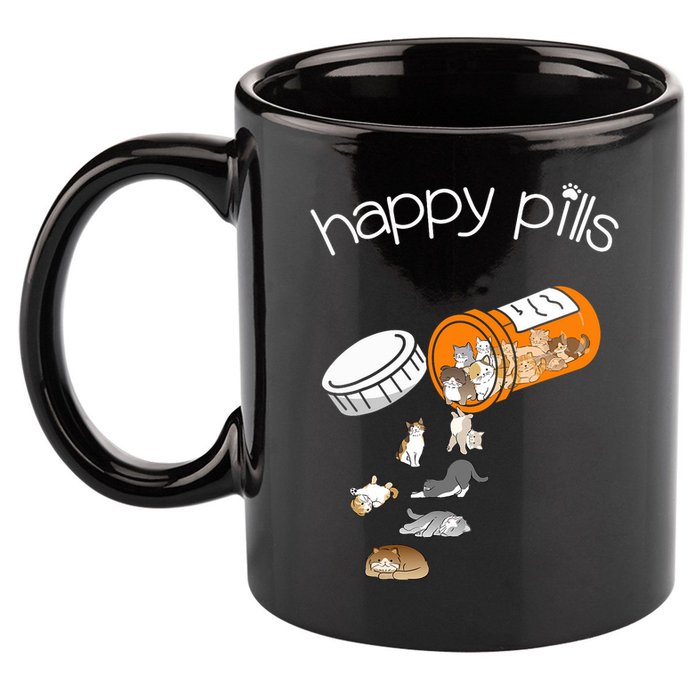 Cat Happy Pills Cute Cat, Funny Cat Encouragement 11oz C Handle Ceramic Mug