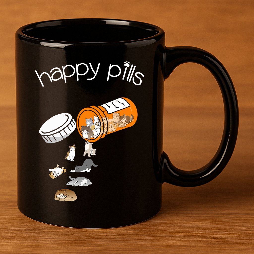 Cat Happy Pills Cute Cat, Funny Cat Encouragement 11oz C Handle Ceramic Mug