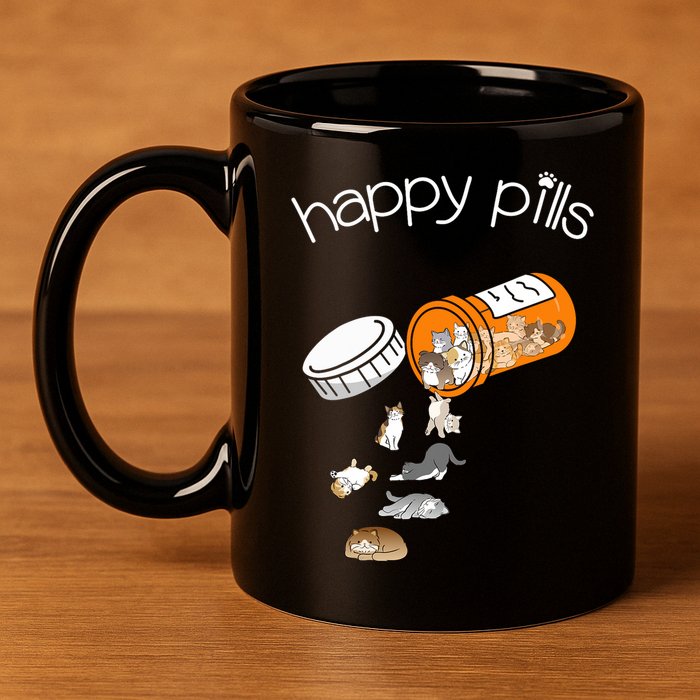 Cat Happy Pills Cute Cat, Funny Cat Encouragement 11oz C Handle Ceramic Mug