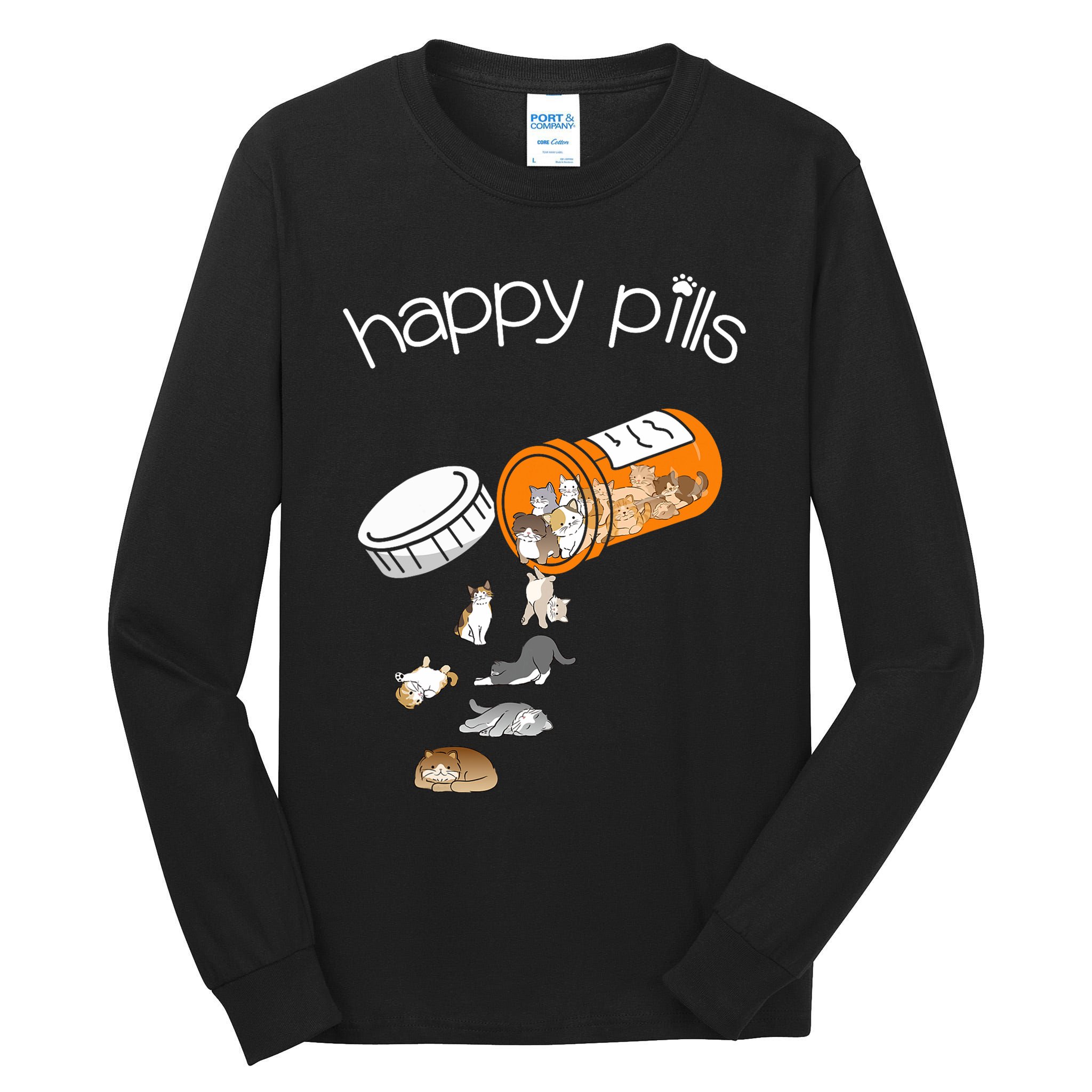 Cat Happy Pills Cute Cat, Funny Cat Encouragement Tall Long Sleeve T-Shirt