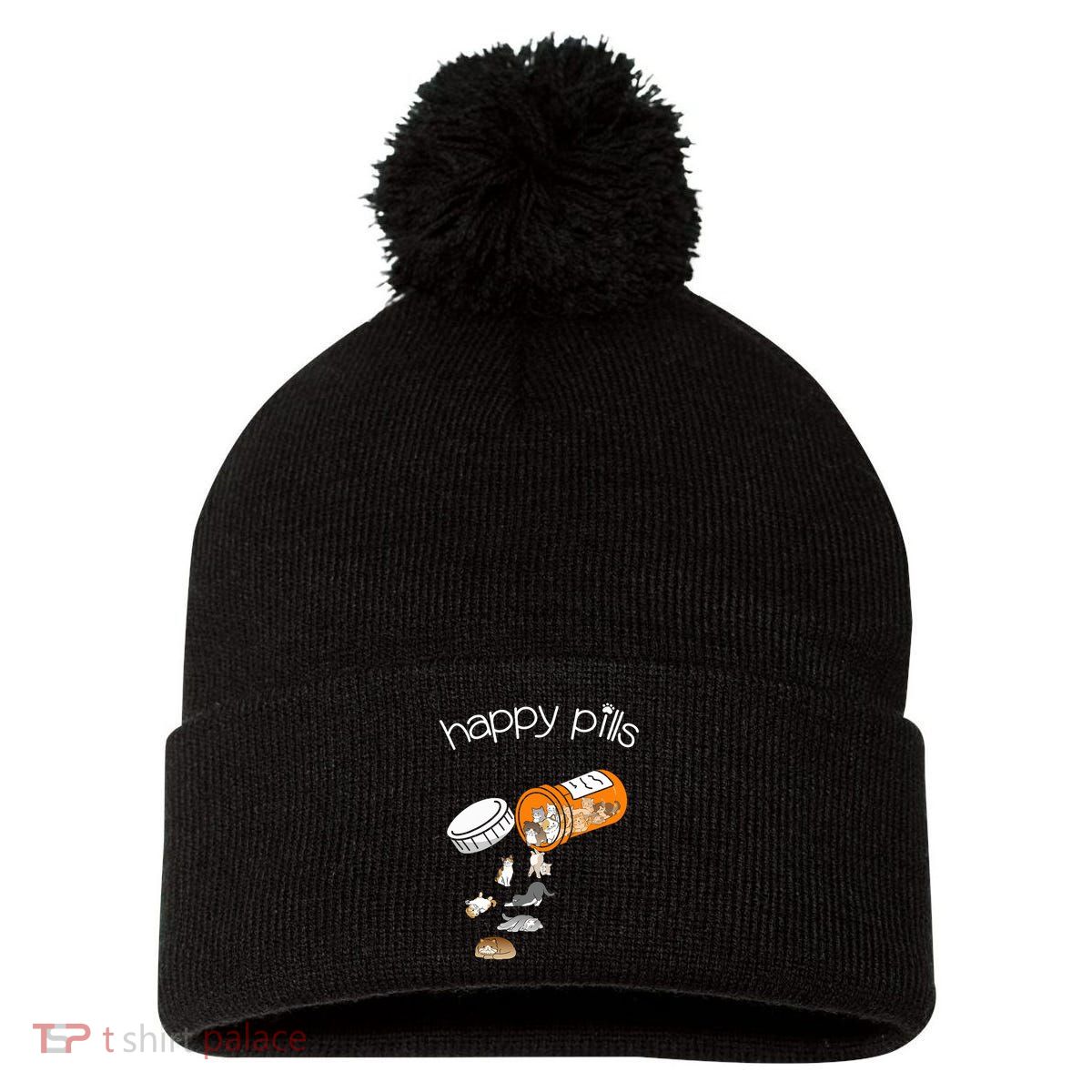 Cat Happy Pills Cute Cat, Funny Cat Encouragement Pom Pom 12in Knit Beanie