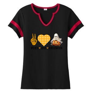 Cute Halloween Peace Love And Gnome Fall Gift Ladies Halftime Notch Neck Tee