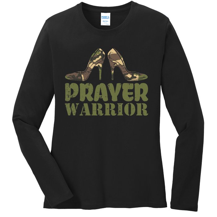 Camo Heels Prayer Warrior Faith God Jesus Christian Ladies Long Sleeve Shirt