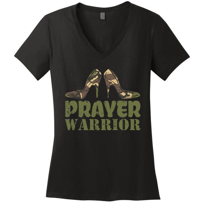 Camo Heels Prayer Warrior Faith God Jesus Christian Women's V-Neck T-Shirt