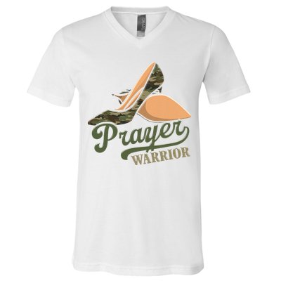 Camo Heels Prayer Warrior Faith God Jesus Christian Women V-Neck T-Shirt