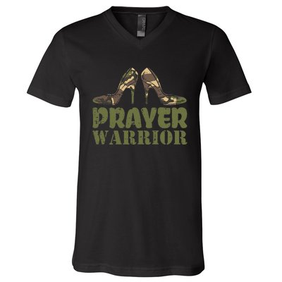 Camo Heels Prayer Warrior Faith God Jesus V-Neck T-Shirt