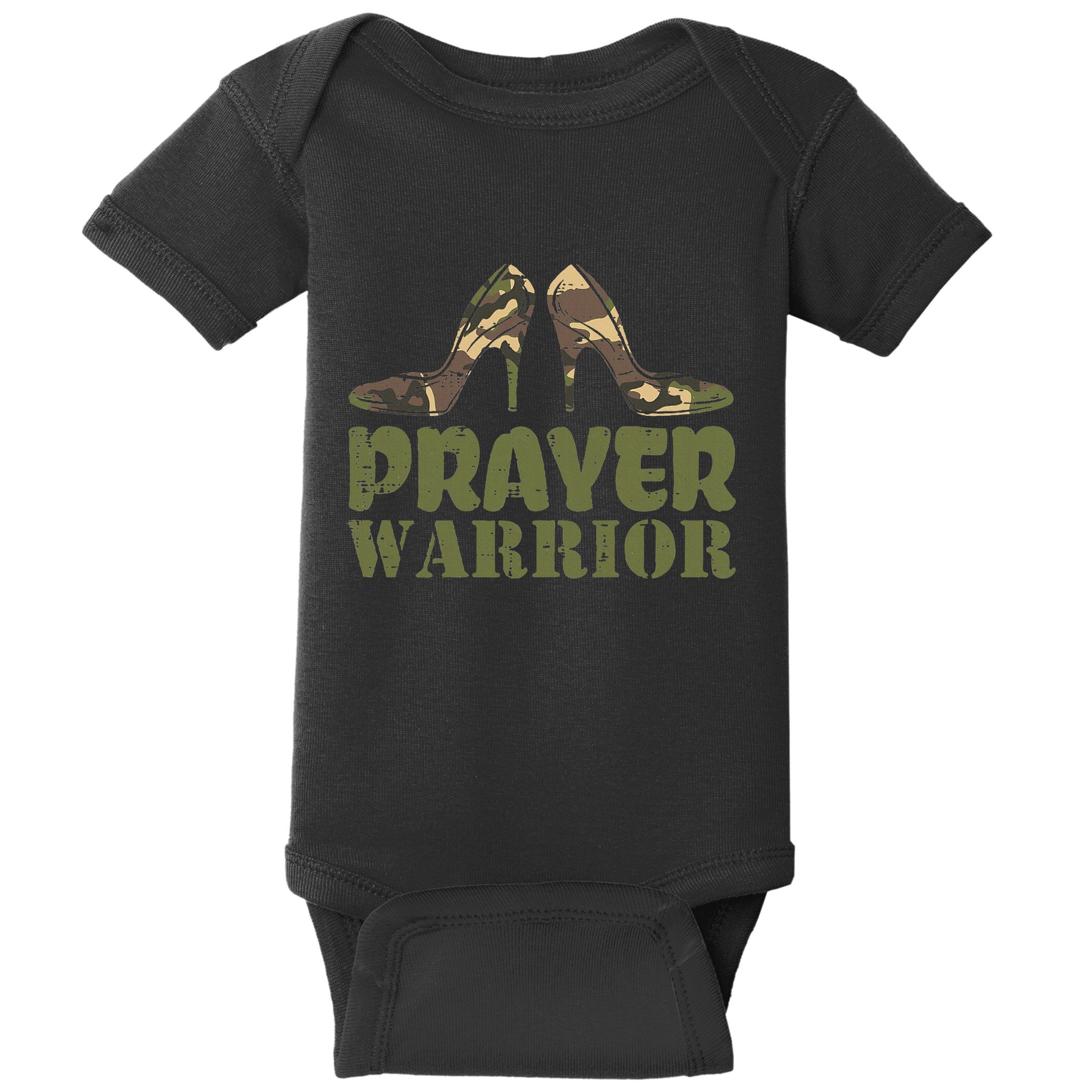 Camo Heels Prayer Warrior Faith God Jesus Baby Bodysuit