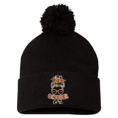 Cute Halloween Patterns October Girl Pom Pom 12in Knit Beanie