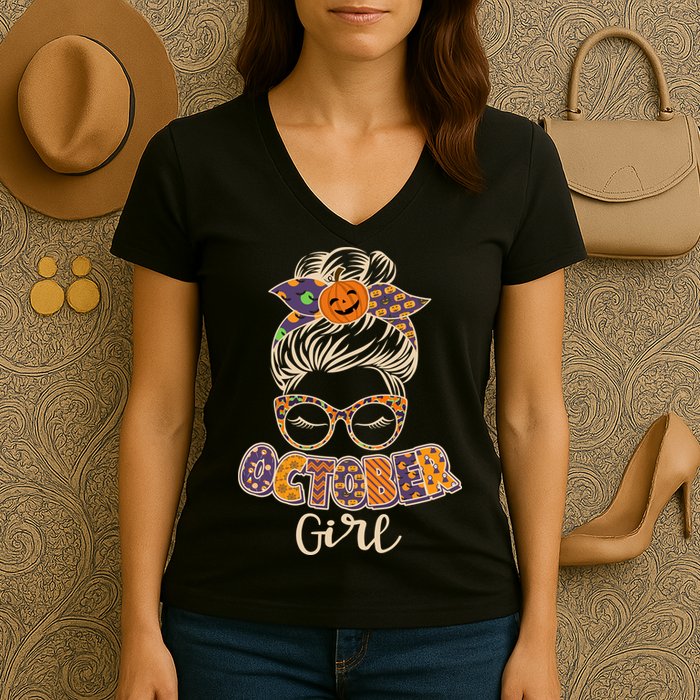 Cute Halloween Patterns October Girl Women's V-Neck T-Shirt