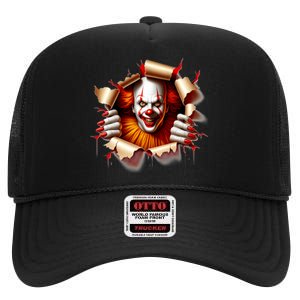 Creepy Halloween Peeking Through Clown High Crown Mesh Back Trucker Hat