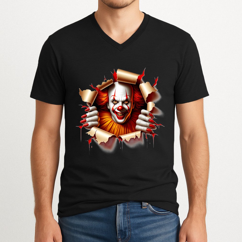 Creepy Halloween Peeking Through Clown V-Neck T-Shirt