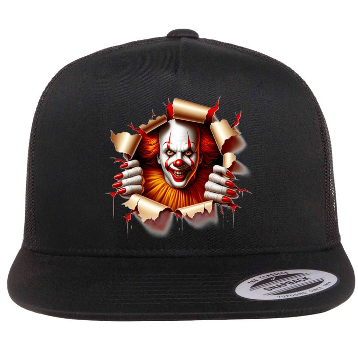 Creepy Halloween Peeking Through Clown Flat Bill Trucker Hat