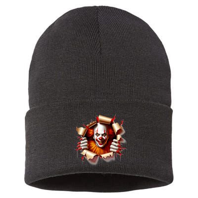 Creepy Halloween Peeking Through Clown Sustainable Knit Beanie
