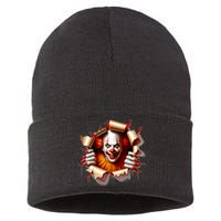 Creepy Halloween Peeking Through Clown Sustainable Knit Beanie