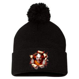 Creepy Halloween Peeking Through Clown Pom Pom 12in Knit Beanie