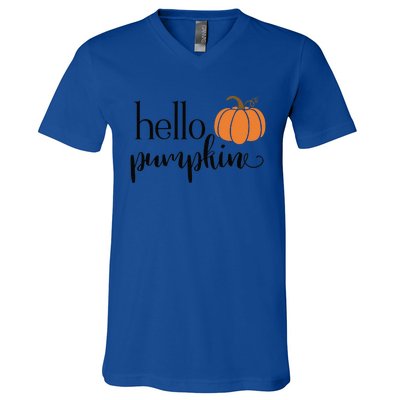 Cute Hello Pumpkin Thanksgiving Autumn Fall Leaves Design Funny V-Neck T-Shirt