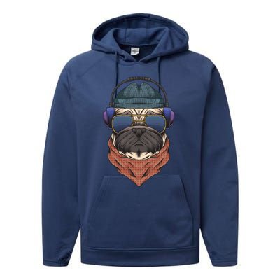 Cool Hipster Pug Dog I Love Pugs Pug Mom Gift Performance Fleece Hoodie