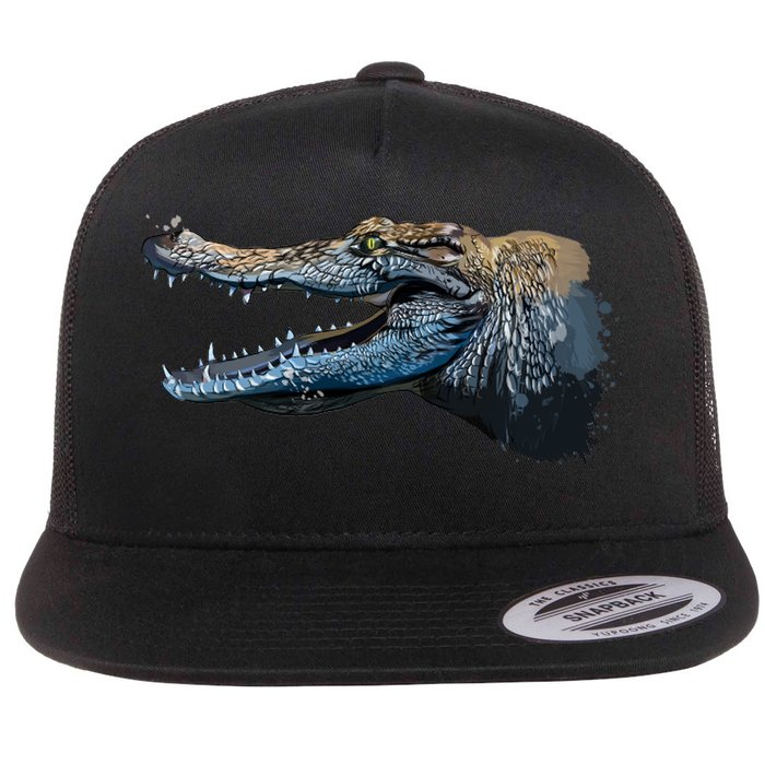 Crocodile Head Portrait From A Splash Flat Bill Trucker Hat
