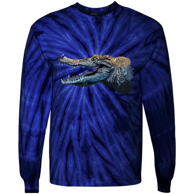 Crocodile Head Portrait From A Splash Tie-Dye Long Sleeve Shirt