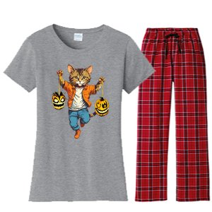 Cat Halloween Pumpkin funny cat lover Costume halloween Women's Flannel Pajama Set