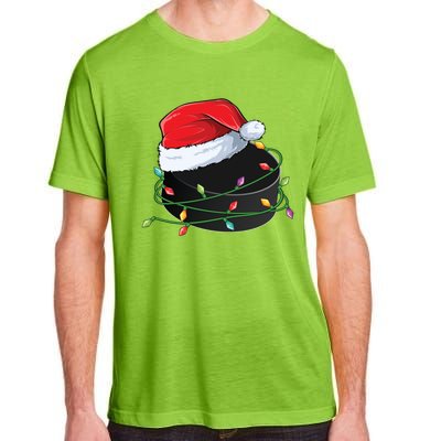 Christmas Hockey Puck In Santa Hat Wrapped In Holiday Lights Cool Gift Adult ChromaSoft Performance T-Shirt