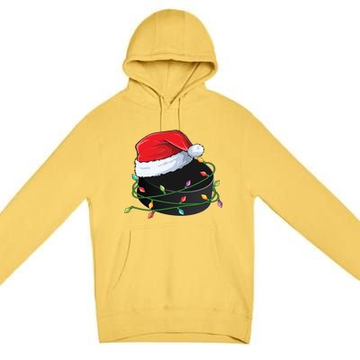 Christmas Hockey Puck In Santa Hat Wrapped In Holiday Lights Cool Gift Premium Pullover Hoodie