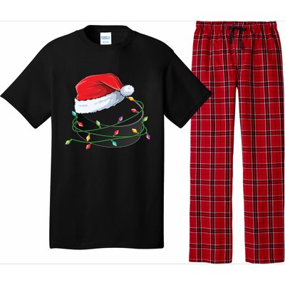 Christmas Hockey Puck In Santa Hat Wrapped In Holiday Lights Cool Gift Pajama Set