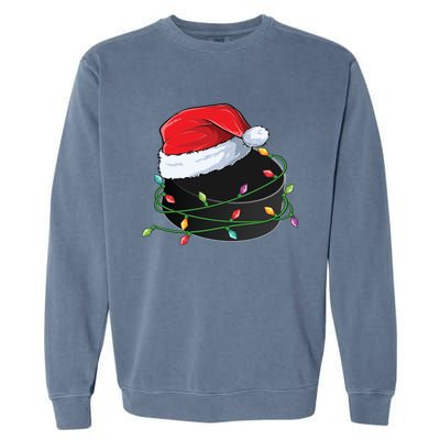 Christmas Hockey Puck In Santa Hat Wrapped In Holiday Lights Cool Gift Garment-Dyed Sweatshirt